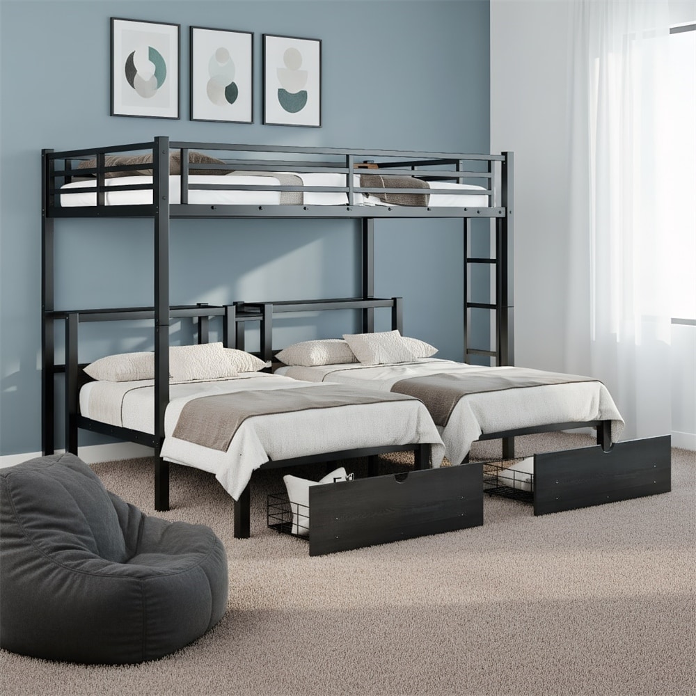 Full XL Over Twin & Twin Triple Bunk Bed with Drawers,Metal Frame Bed