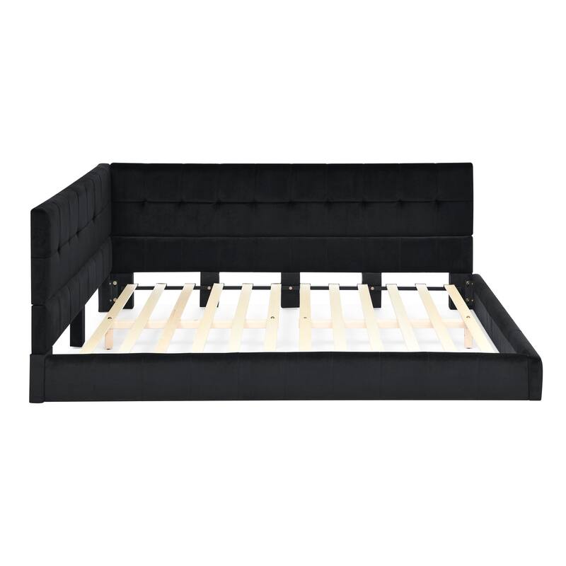 Full Size Daybed Grounded Bed Velvet Upholstered Tufted Bed Frame with L-shaped Backrest & Armrests for Livingroom or Bedroom