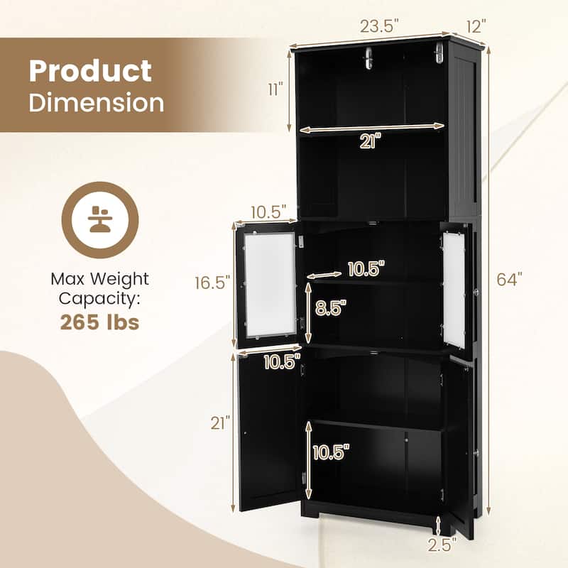 Gymax Bathroom Tall Storage Cabinet Linen Tower w/ Glass Door &