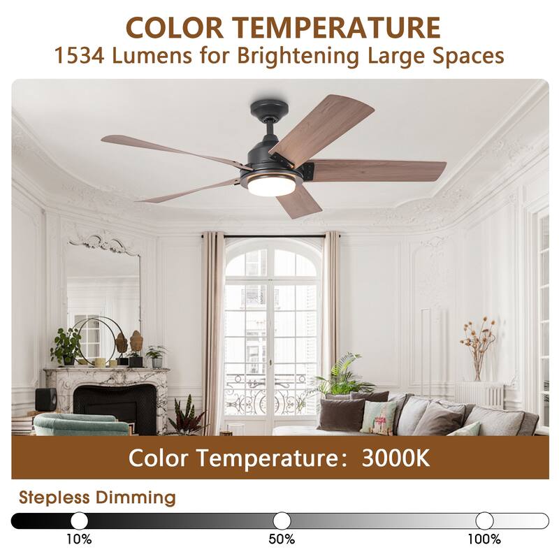 52" Farmhouse Integrated LED Black Dimmable Ceiling Fan with Light and Remote - 52" D x 52" W x 13.2" H