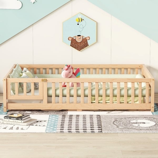 slide 2 of 5, Full Size Bed Floor Bed with Safety Guardrails and Door for Kids Natural
