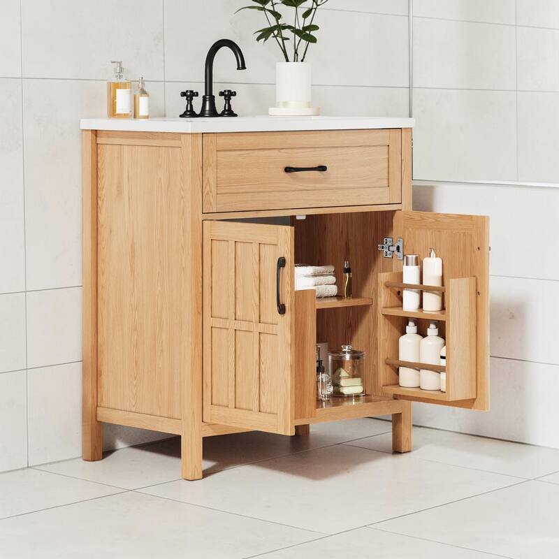 30 Inch Bathroom Vanity with Resin Sink, Solid Wood Bathroom Cabinet with Adjustable Shelf and Door Organizers