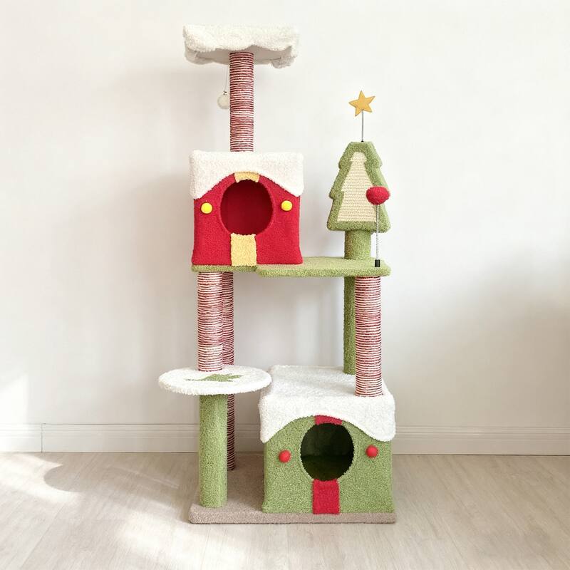 Christmas Cat tree ,Multi-Level Cat Tree with 2 Condos and Scratching Posts 54 Inches Tall - Green,Red