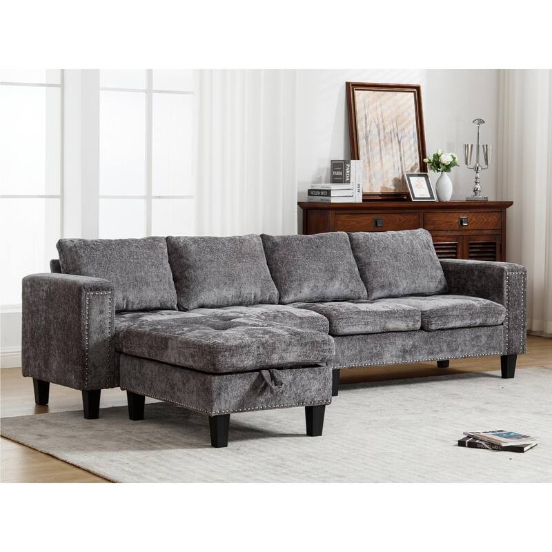 Grey 104.5'' L-Shaped Modular 5 Seat Sectional Sofa with Storage Ottoman, Reversible Chaise and 4 Back Cushions