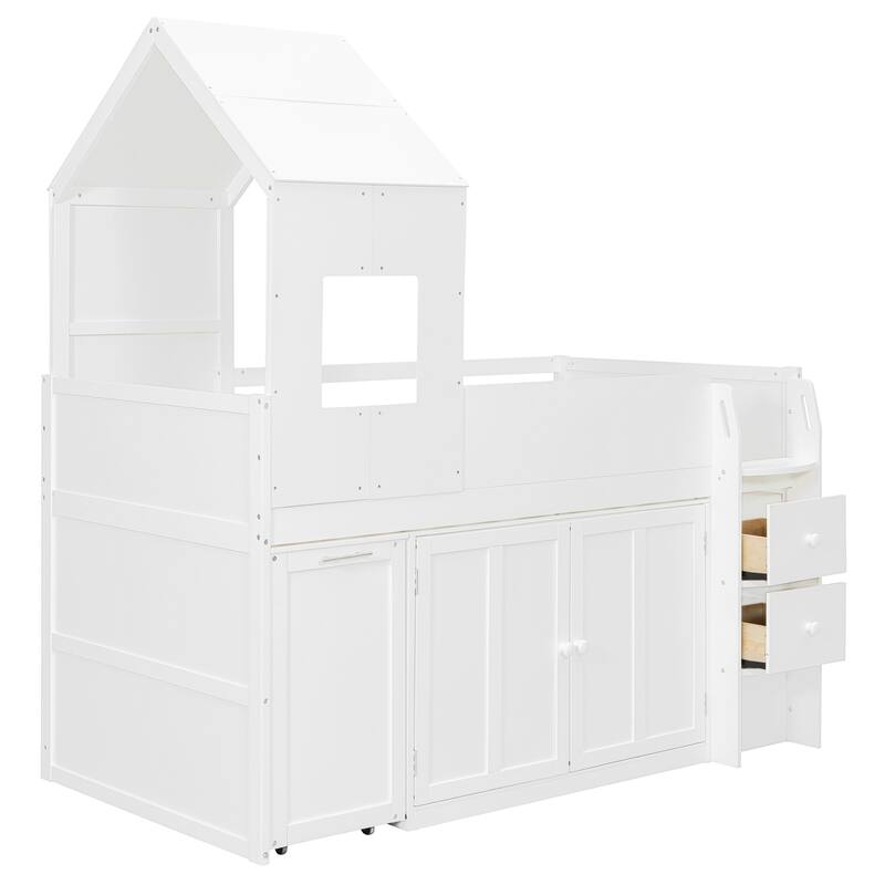 House-Style Kids Loft Bed Frame with Cabinets, Desk, Twin Size Wooden Loft Bed with Safety Guardrail & Storage Ladder
