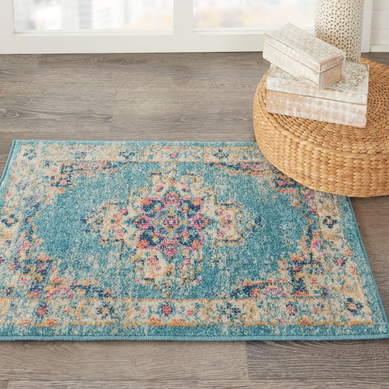 Porch & Den Dobbin Vintage Persian Medallion Farmhouse Area Rug - 1'10" x 2'10" - Light Blue