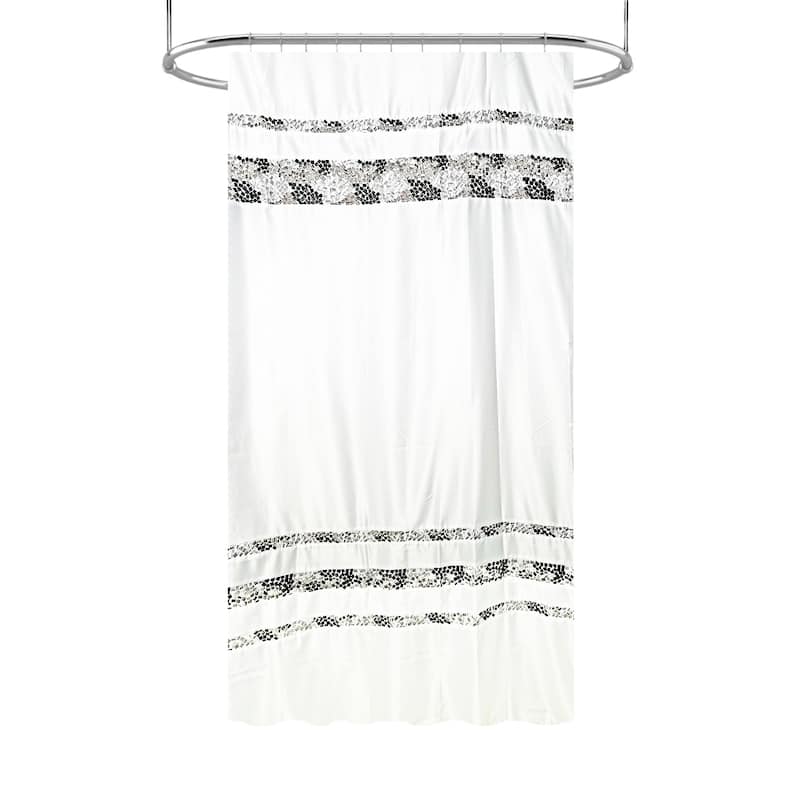 Spa Tile White Soft Fabric Shower Curtain with Multicolor Embroidered Tile Bands