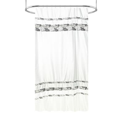 Spa Tile White Soft Fabric Shower Curtain with Multicolor Embroidered Tile Bands