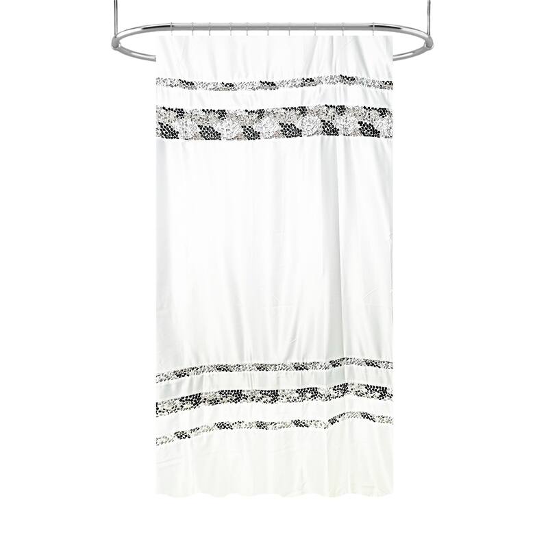 Spa Tile White Soft Fabric Shower Curtain with Multicolor Embroidered Tile Bands - 72"x96" - Black