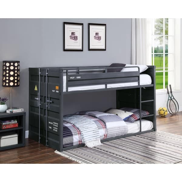 slide 2 of 6, Twin Size Metal Container Bunk Bed with Integrated Guardrail Gunmetal