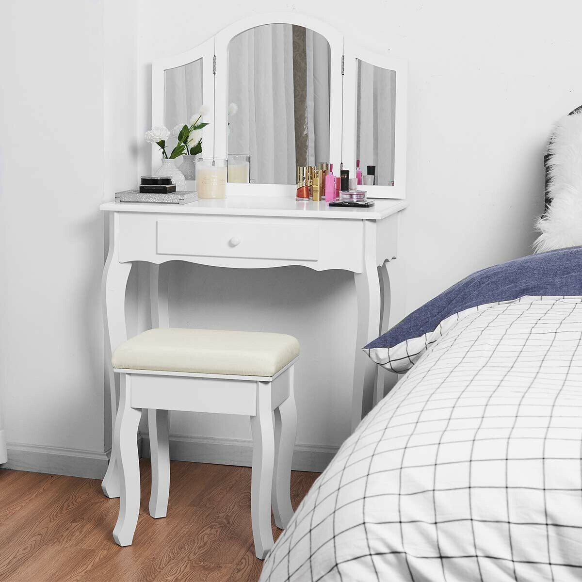 Costway White Tri Folding Mirror Vanity Makeup Table Set Tri Folding Mirror Vanity Makeup Table