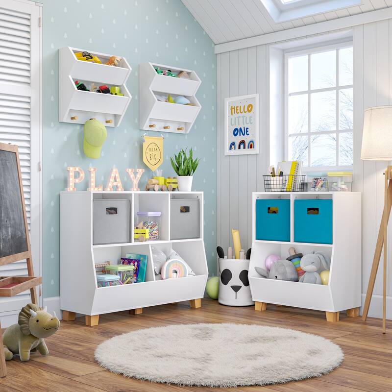 RiverRidge Kids Catch-All Wall Bookshelf with 2 Toy Storage Cubbies and 3 Wooden Hooks for Playroom, Nursery - White