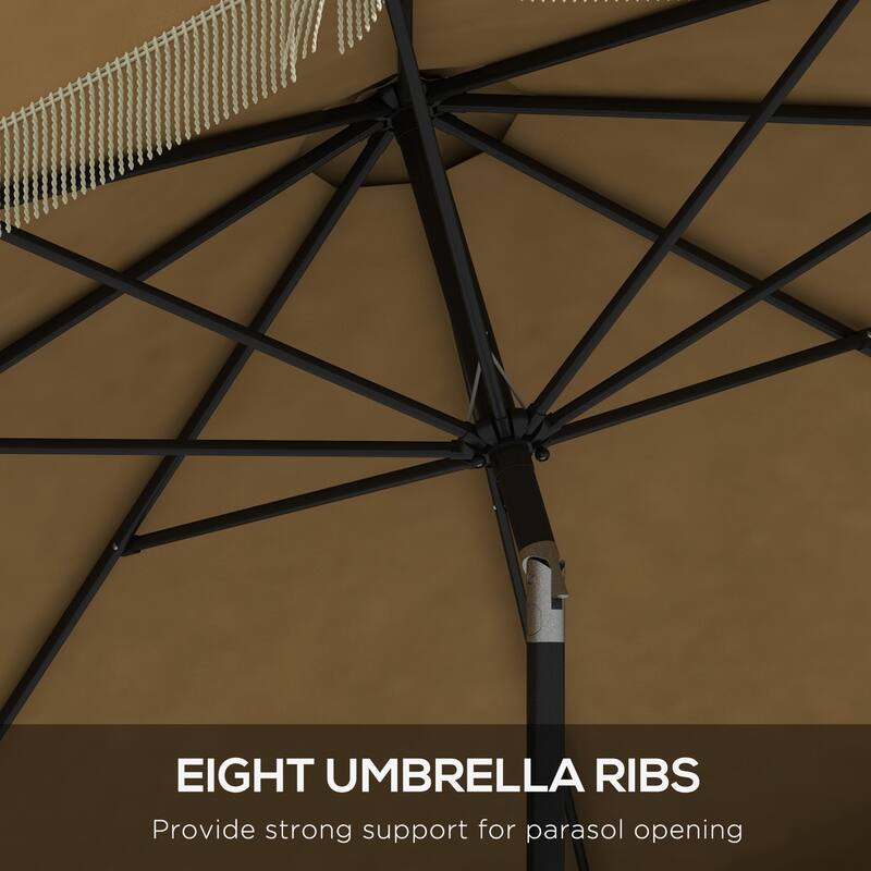 Outsunny 9ft Patio Umbrella with Push Button Tilt and Crank, Ruffled Outdoor Market Table Umbrella with Tassles and 8 Ribs