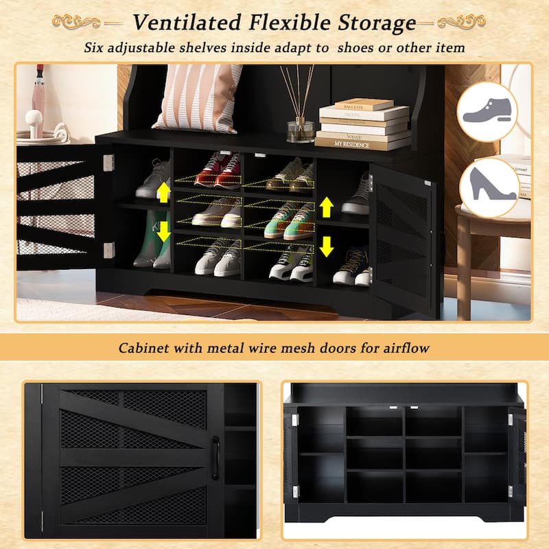 43.3" Hall Tree with Bench, 7 Hooks, Mesh-Door Cabinet, Adjustable Shelves, Entryway Coat Rack Organizer