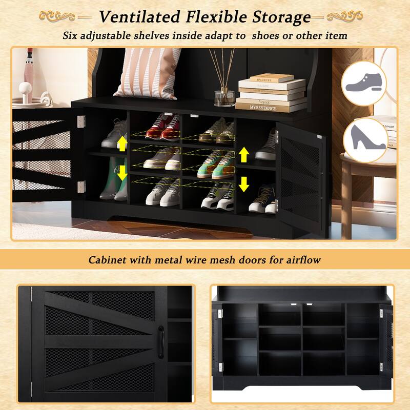 Breathable Hall Tree Cabinet Coat Rack with Adjustable Shelves & Bench Seat, Shoe Storage Cabinet with Wire Mesh Door