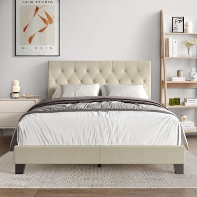 CraftPorch Simple Button Tufted Linen Upholstered Bed
