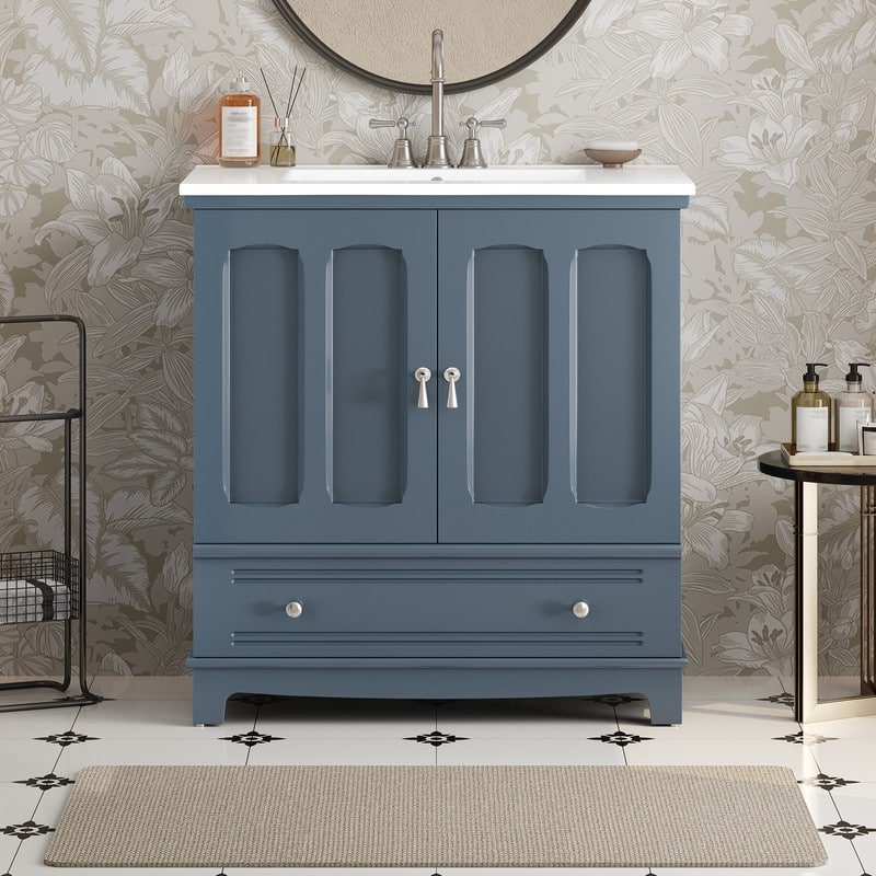30" Bathroom Vanity with Ceramic Sink, Adjustable Shelf, Drawer with Divider