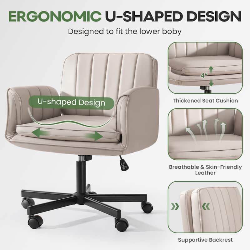 BOSSIN Criss Cross Office Chair with Arms and Wheels - Adjustable Swivel PU Leather Desk Chair for Makeup Vanity, Bedroom