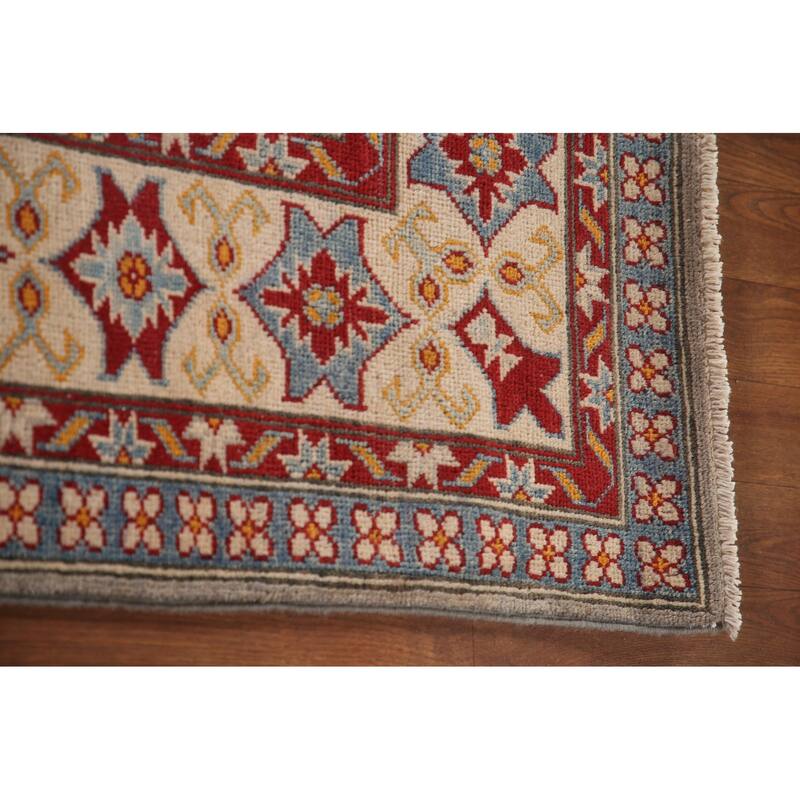 Kazak Area Rug Hand-Knotted Geometric Grey Wool Carpet - 6'9" x 9'8"