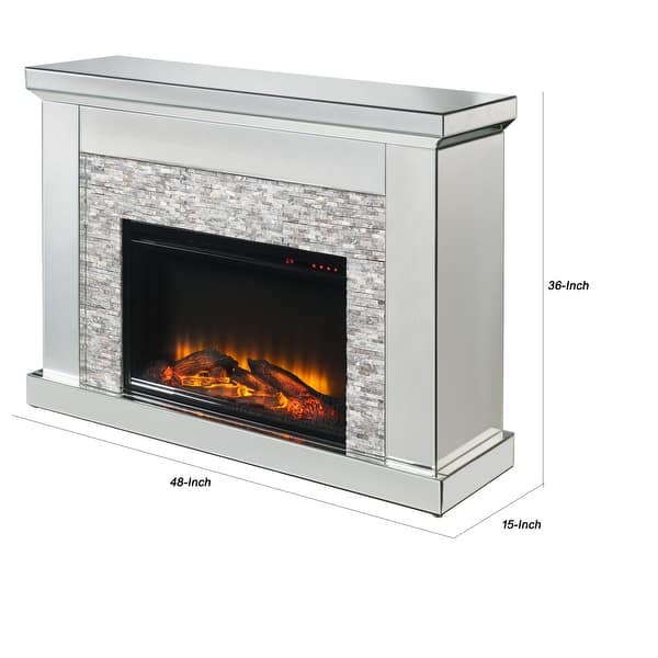 Electric Fireplace with Mirror Panel Framing and Stones Inlay, Silver