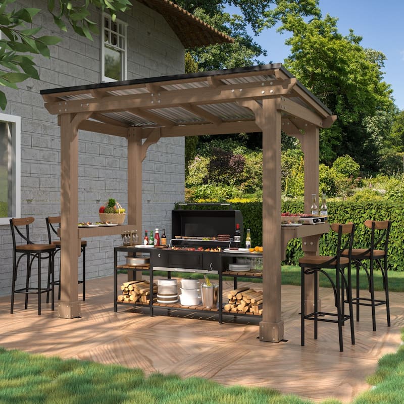 VEIKOUS Wood BBQ Grill Gazebo with Steel Roof for Patio Garden Backyard and Lawn - 5'×8'