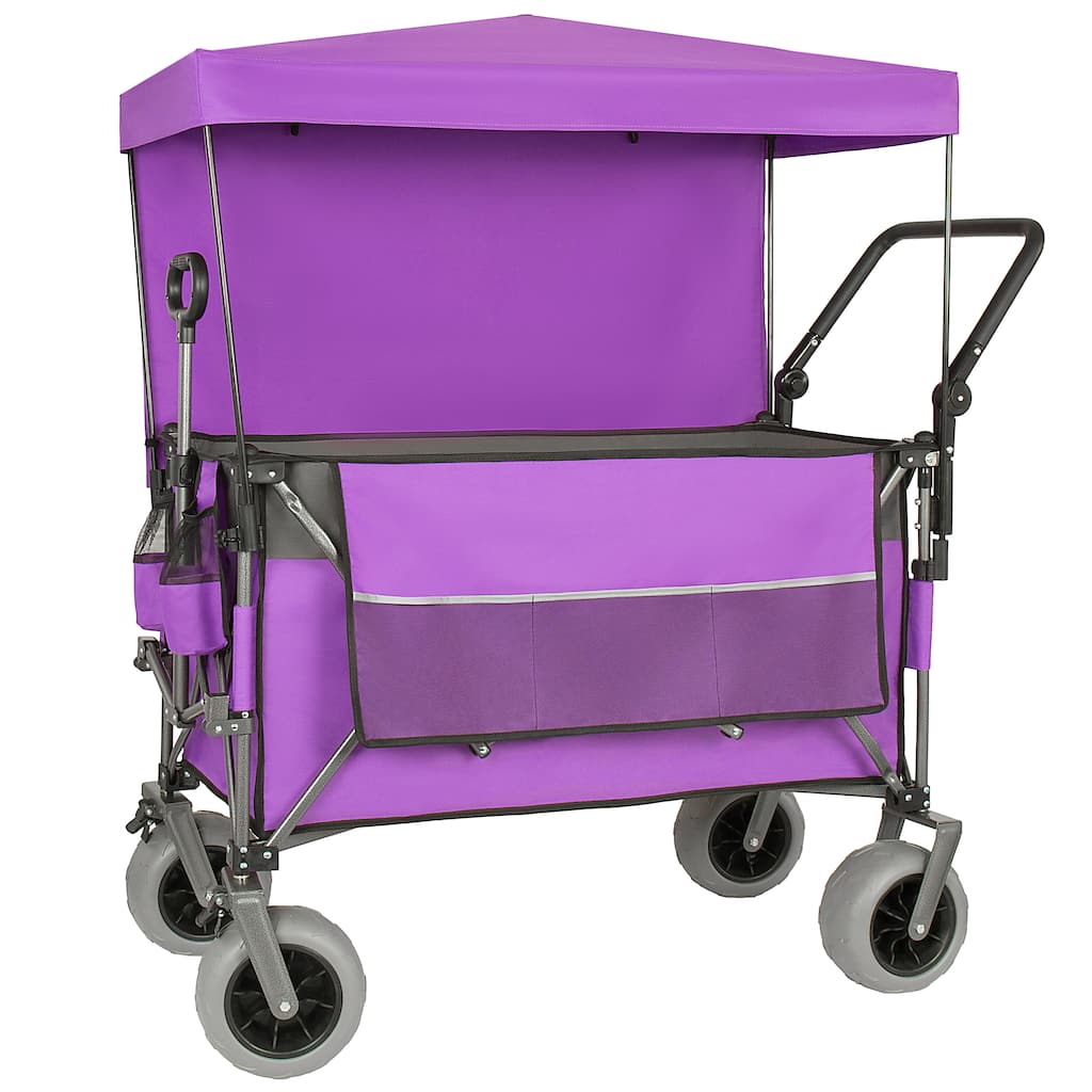 Multi-Functional Push-Pull Folding Wagon Cart with Rotating Handle & Canopy, 9"x4" Beach Tires, 300L Large Capacity