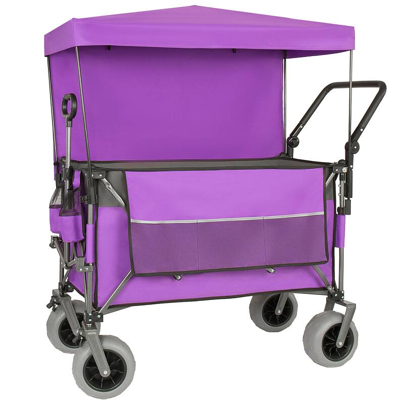 Multi-Functional Push-Pull Folding Wagon Cart with Rotating Handle & Canopy, 9"x4" Beach Tires, 300L Large Capacity - Purple