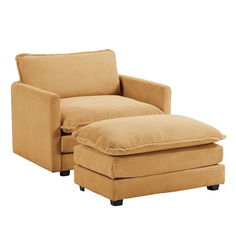 Oversized Corduroy Armchair with Plush Cushions and Movable Ottoman - Yellow