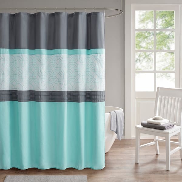 slide 3 of 15, Shane Embroidered and Pieced Shower Curtain by 510 Design Aqua/Grey
