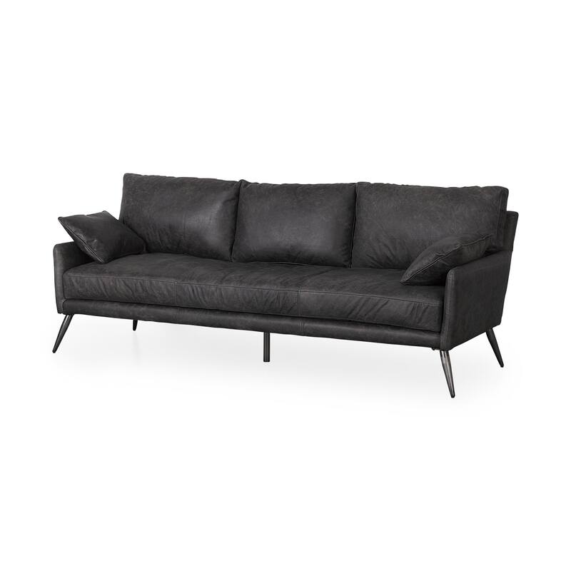 HomeRoots 82" Black Leather Sofa With Toss Pillows