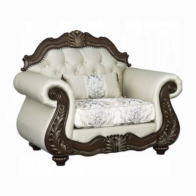 Reese Accent Chair, Floral Classic Cherry Brown Wood, Beige 1 Pillow
