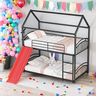 Modren Twin Over Twin Metal Bunk Bed With Slide,Convertible Into Two Separate Small Beds for Bedroom