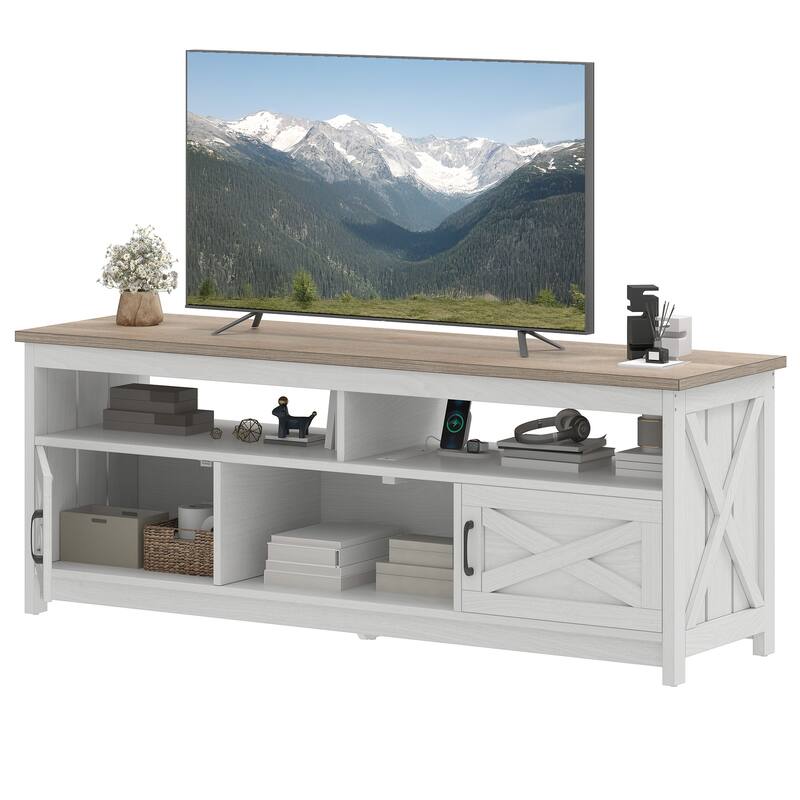 Moasis Farmhouse TV Stand for up to 65" TV with Doors and Open Shelves Media Console Power Outlet