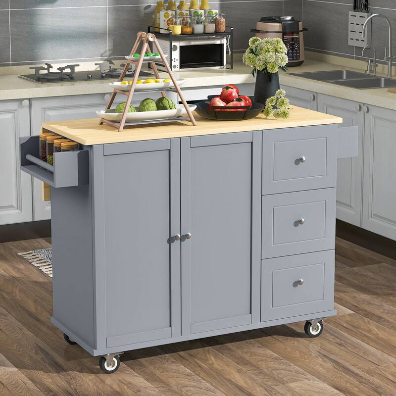 52.76'' Solid wood Kitchen Island with Locking Wheels, Drop Leaf, Adjustable Shelf and 3 Drawers - 52.76'' x 29.5'' x 36.81''