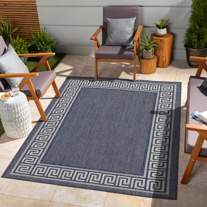 Blue Herringbone Pattern Outdoor Rugs for Living Rooms, Patios, Decks