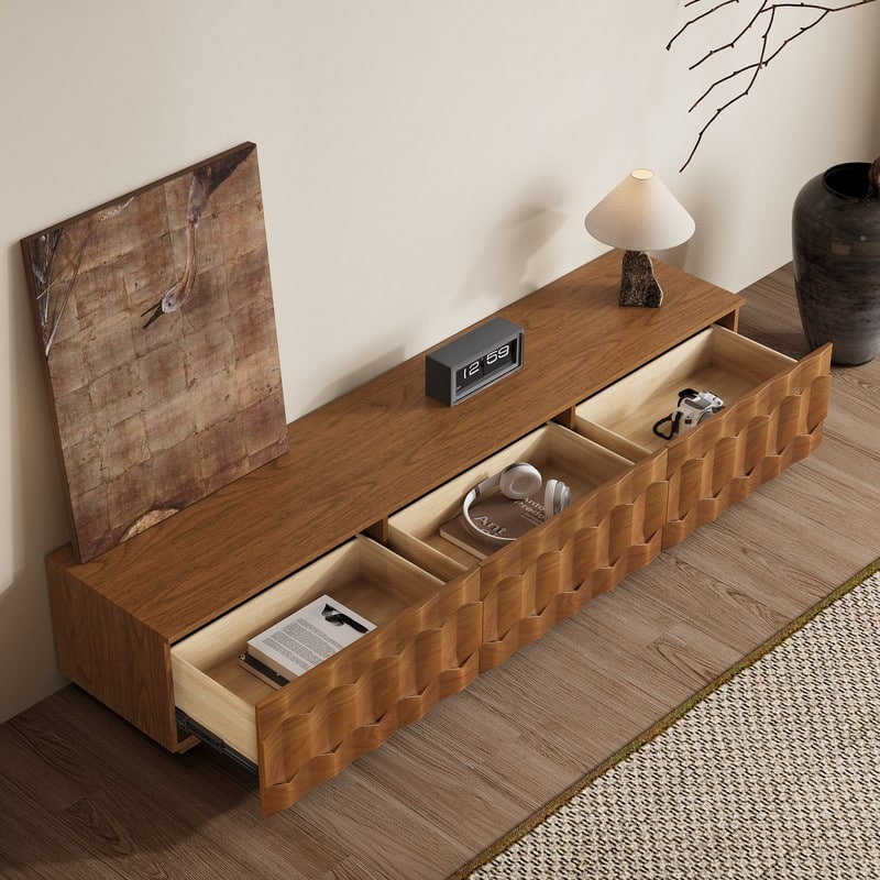 Mid Century Brown Wood TV Stands, Not Assembled Need, Media Console with 3-6 Drawers for Optional