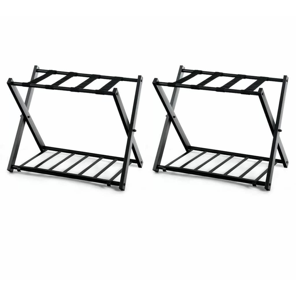 Set of 2 Folding Black Metal Luggage Racks with Bottom Shelf for Bedroom or Hotel Use - 27”L x 17''W x 23”H
