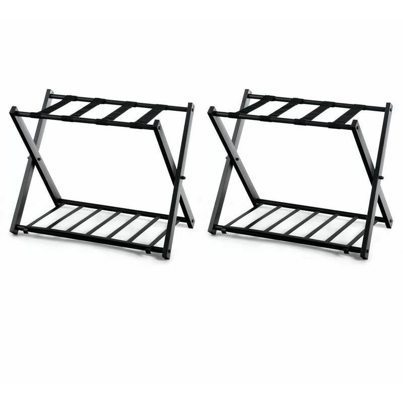 Set of 2 Folding Black Metal Luggage Racks with Bottom Shelf for Bedroom or Hotel Use - 27”L x 17''W x 23”H - Black