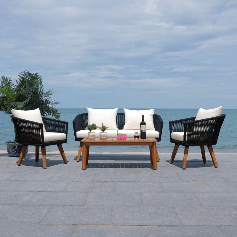 SAFAVIEH Outdoor Erinka 4-Piece Living Set - 55W x 30D x 28H - Black/Beige