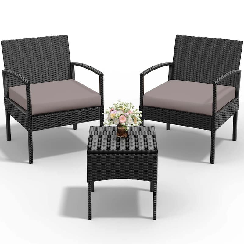3 PCS Outdoor Patio Bistro, Rattan Conversation Chairs Set, Balcony Furniture Set - 28"H x 23.3"W x 23.3"D - Taupe