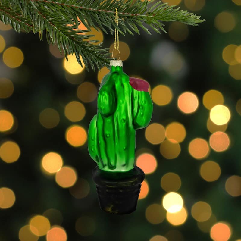 5" Green Cactus with Pink Flower Glass Christmas Ornament