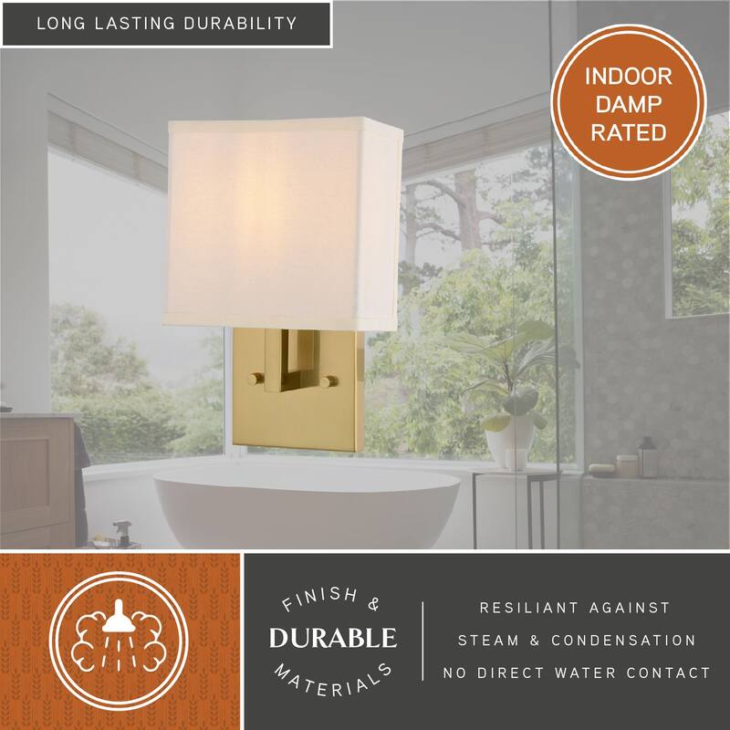 VAXCEL Glenview Satin Brass Gold Contemporary Wall Sconce, White Linen Fabric Shade, Bathroom Vanity Lighting Fixture
