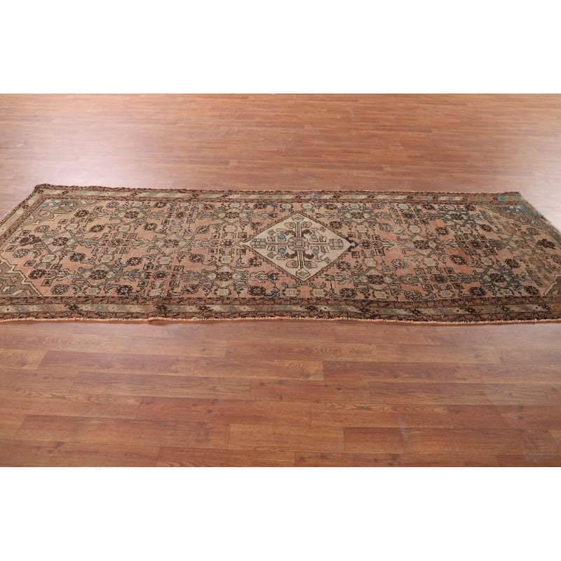 Distressed Hamedan Persian Vintage Runner Rug Handmade Wool Carpet - 3'4" x 9'8"