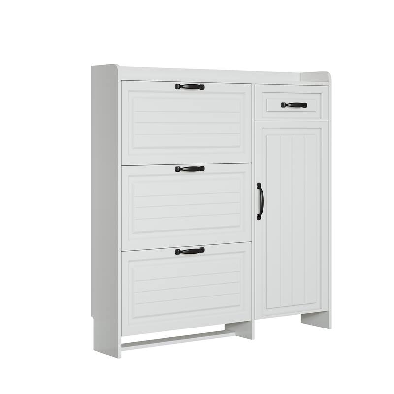 Slim 4-Door Shoe Organizer Rack Cabinet with Drawers and Adjustable Shelves for Entryway, Hallway Organized Storage
