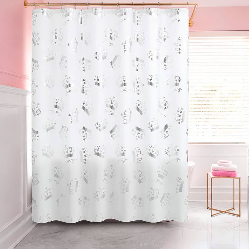 Juicy Couture 13-Piece Shower Curtain and Hooks Set - White/Silver Crown Toss