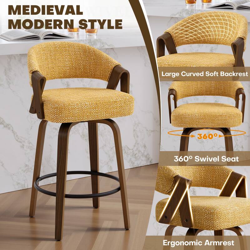 Mid-Century Upholstered Swivel Bar Stool/ Counter Stools with Curved Back - 37.5"H x 20.9"W x 19.9"D