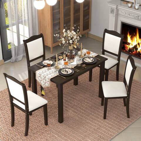 Espresso 5-Piece Wood Dining Table Set with Upholstered Chairs