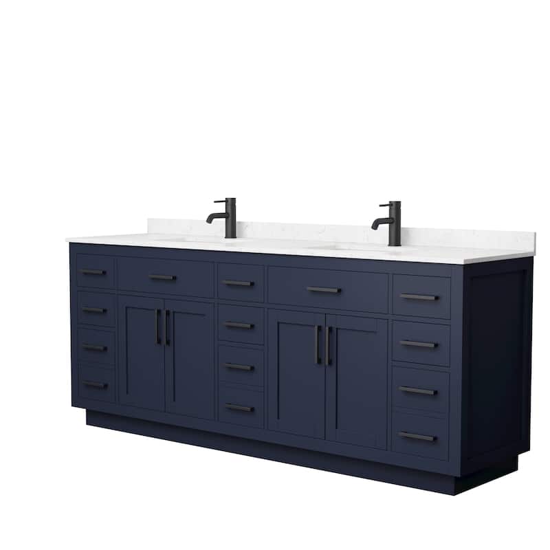 Beckett TK 84-inch Double Vanity, Cultured Marble Top - Dark Blue, Black Trim,Carrara Cultured Marble Top
