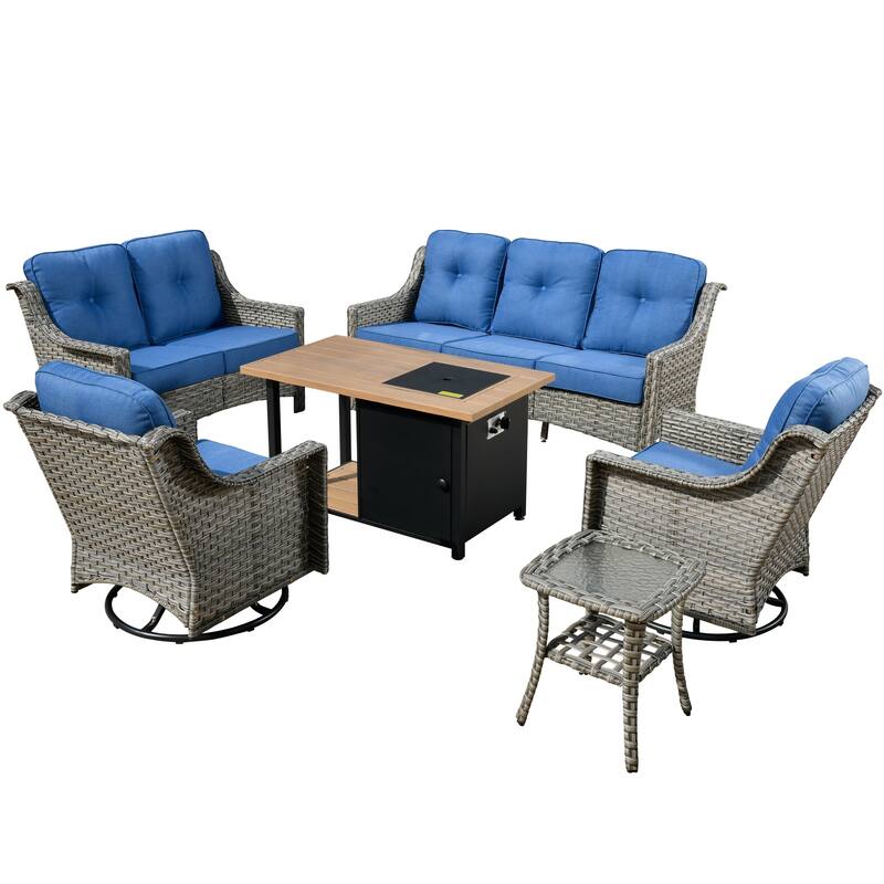 XIZZI 6-piece Outdoor High-back Furniture Swivel Chair Set with Fire Pit
