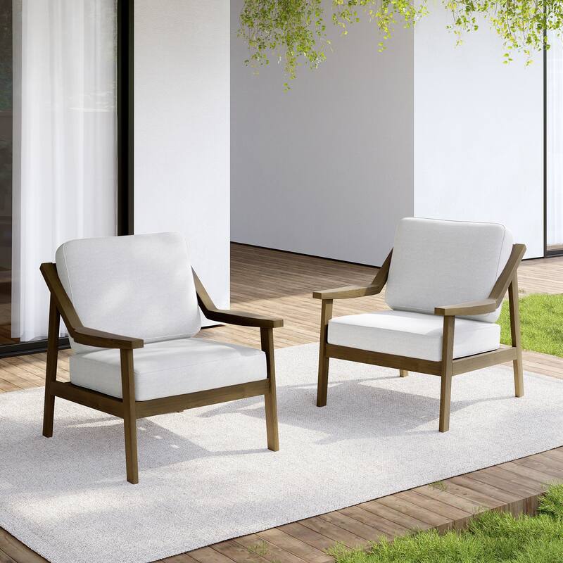 Set of 2 Outdoor Teak Wood Patio Chair with Cushion - Natural Wood - Beige